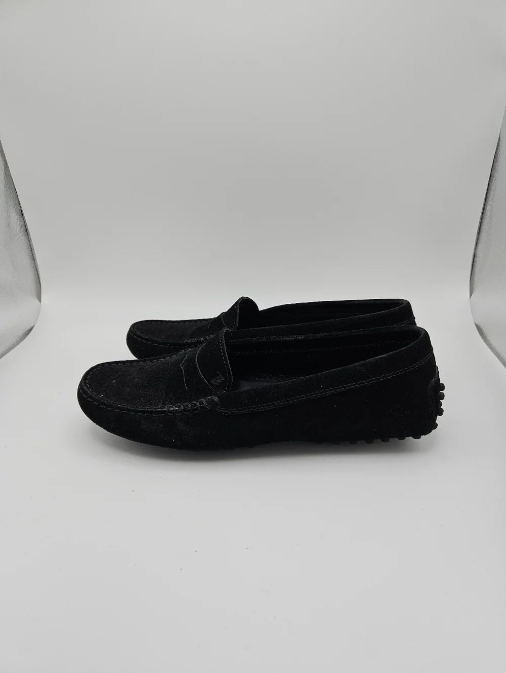 Tod's black suede Gommino driving shoes penny loafer size 37.5